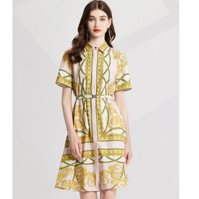 Vestido com estampa de passarela feminino, manga curta, peito único, cinto com renda, vintage, casual, feriado, moda verão