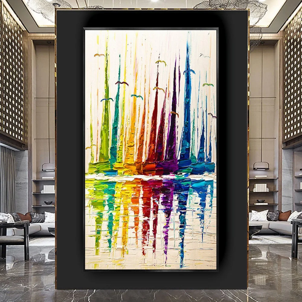Pure Handmade Abstract Oil Paintings Colorful Boat Beach Seaside View Modern Home Wall Art Pictures For Living Room Decor Gift
