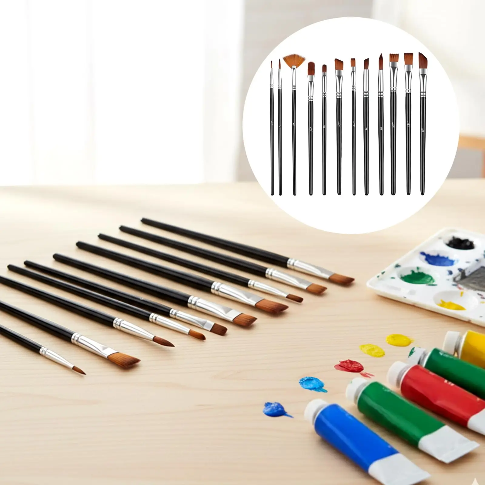 12Pcs Wooden Handle Paint Brushes Set, Assorted Brush Heads for Acrylic Watercolor Oil Painting, Artist Painting Supplies