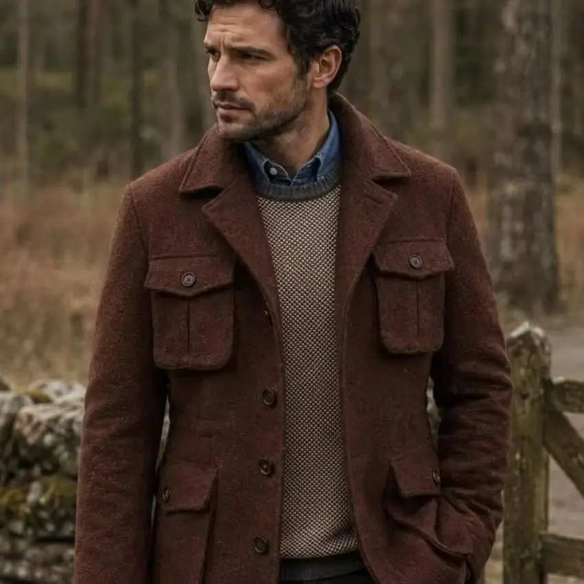 Luxury Wool Tweed Safari Field Jacket Men Brown Lapel Multi‑Pocket Single Breasted Retro Casual Autumn Winter Coat Customized
