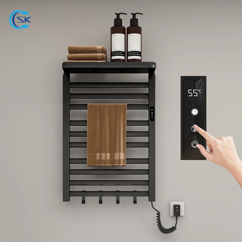 Black Bathroom Fast Drying Towel Warmer Temperature Control Timer Heated Towel Rail Household Electric Towel Rack With Shelf