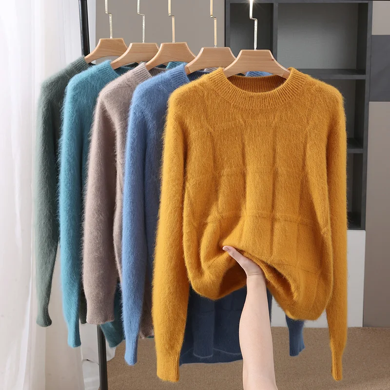 

Однотонный повседневный зимний свободный свитер с круглым вырезом для мужчин, 100% норковый кашемировый свитер, утолщенный мужской пуловер
