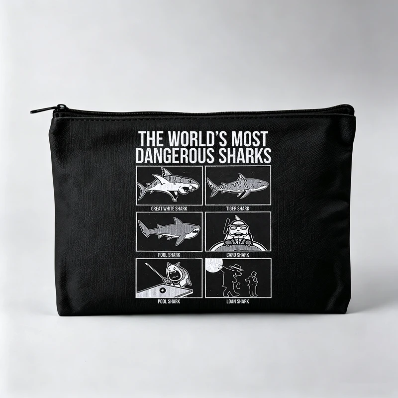 Women's Shark Graphic Makeup Bag with Typography Print, Casual Cosmetic Pouch for Daily Use
