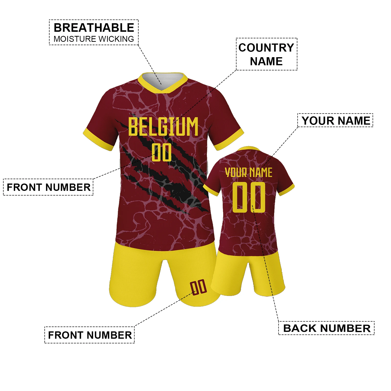 Custom Kids Belgium Soccer Set, Personalized Name Number Football Uniform for Boys Girls, National Team Jersey Kit - view 2