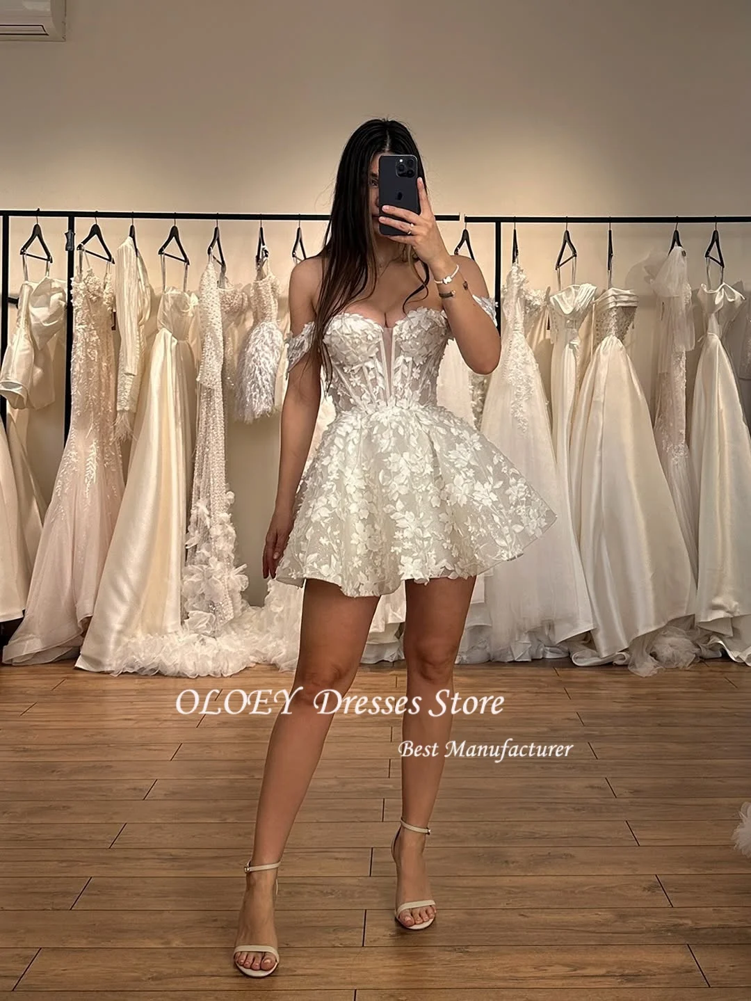 

OLOEY Lace Appliques Brides Dress for Women A-line Sweetheart Tulle Off the Shoulder Vestidos De Novia Customized