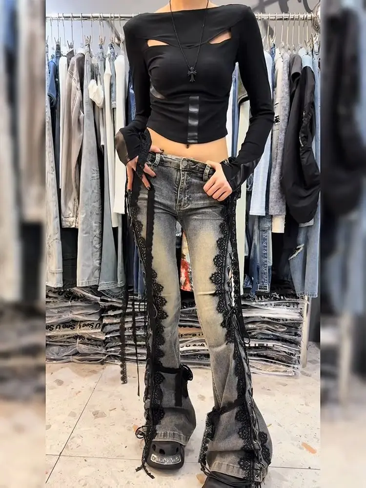 

Women Dark Academia Goblin Core Harajuku Y2K Low Rise Lace Jeans Abi Denim Flare Pants Bell-Bottom Y2k Japanese Goth Gyaru KPOP