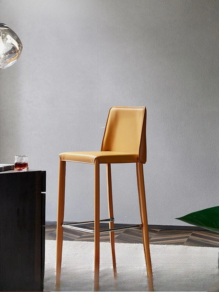 

Minimalist Bar Stool Nordic Luxury High Chair Home Saddle Leather Dining Chair Industrial Style Stool
