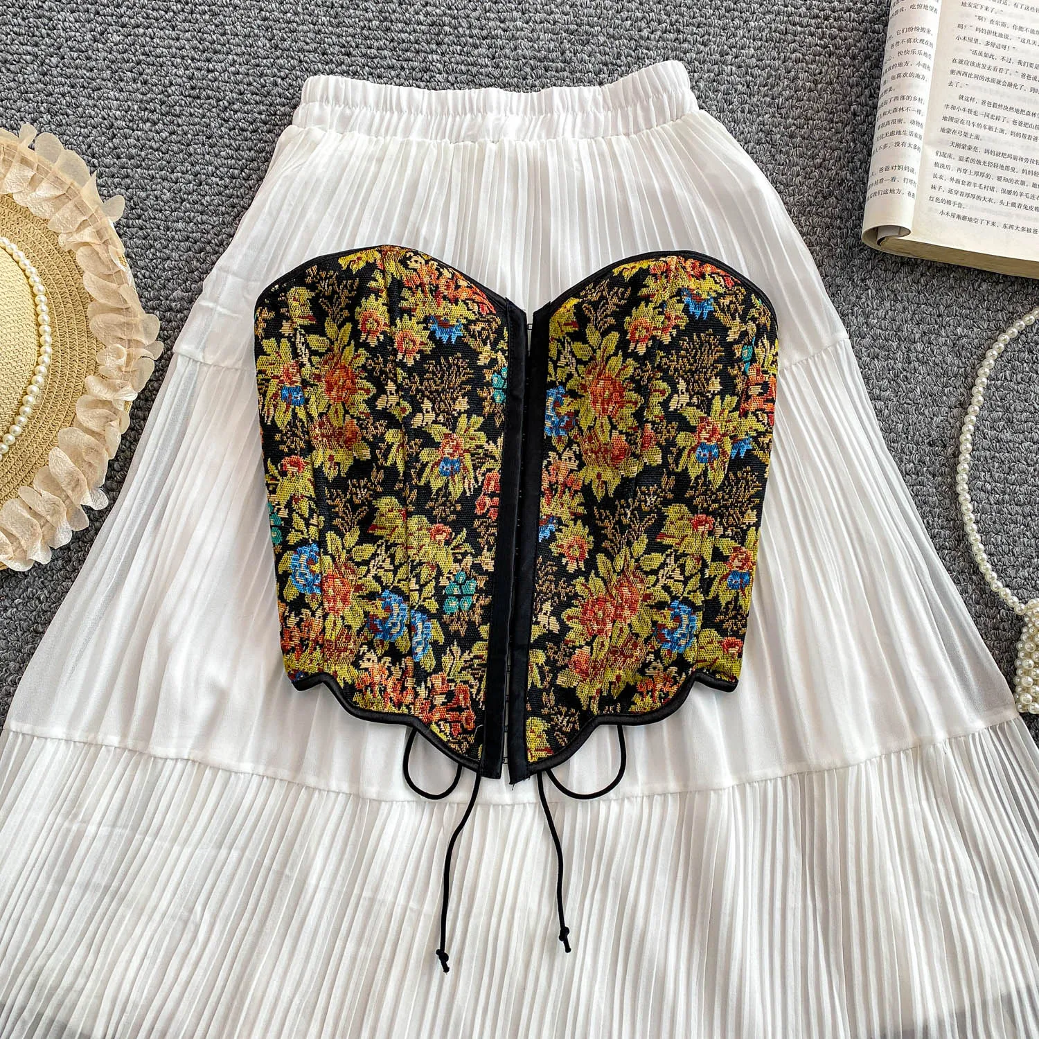 

Sexy asymmetrical print sleeveless Tanks Top Vintage Corset Bustier Korean Women Party Sling Top Y2k