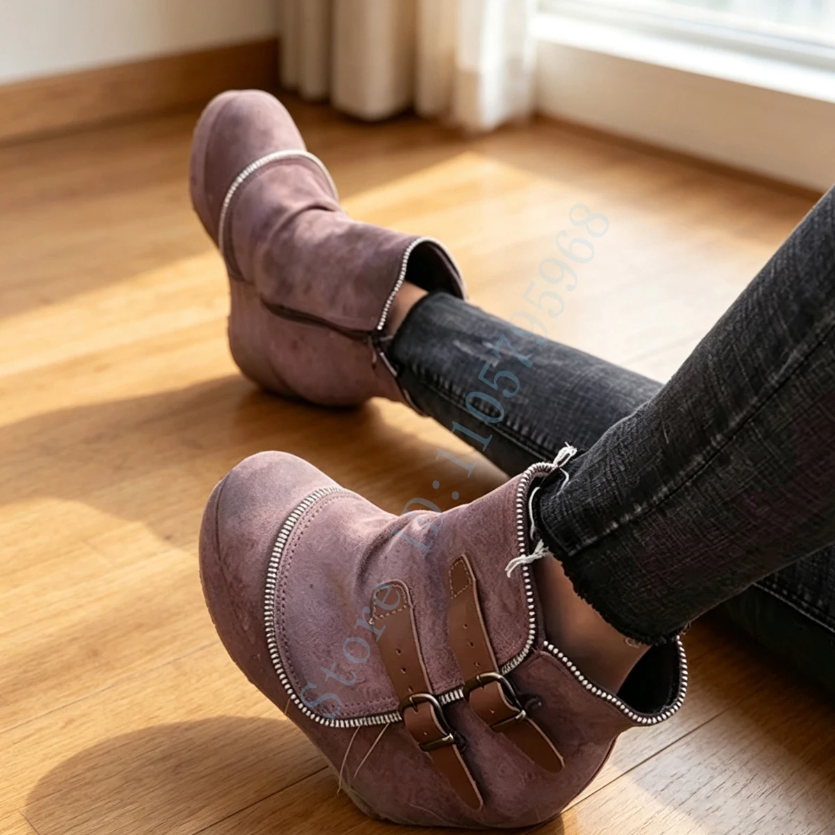 Women's Wedge Ankle Boots Double Buckle Side Zipper Fall Winter Platform Lift Casual Short Boots