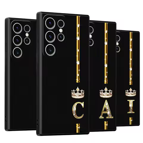 Diamond Crown Queen King Letter Case for Samsung Galaxy S25 Edge S23 Ultra S24 Plus S20 S21 FE Black Soft Phone Cover