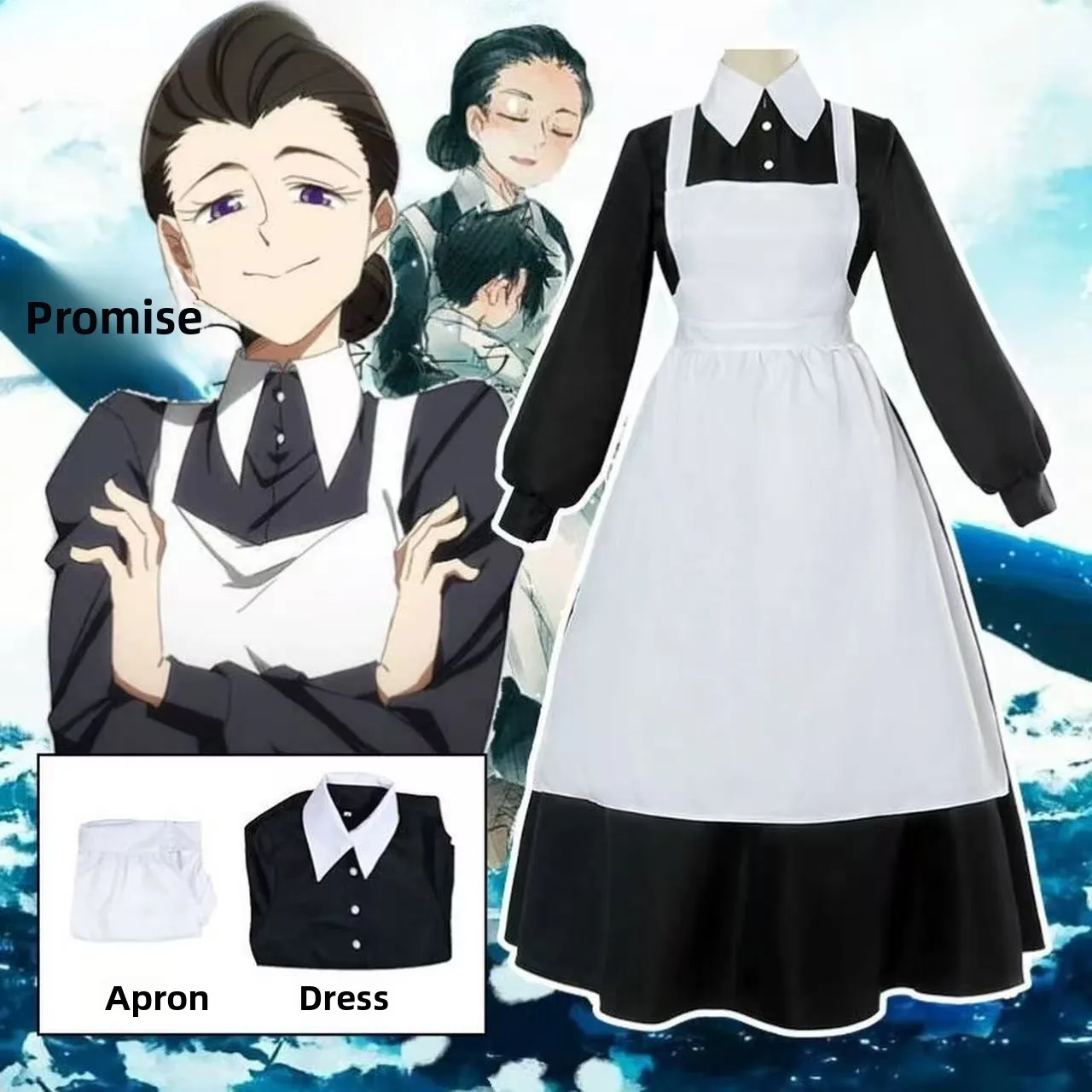 

Mother Isabella Cosplay Costume Anime The Promised Neverland Mom Isabella Dress with Apron Women Maid Dress Halloween Outfits