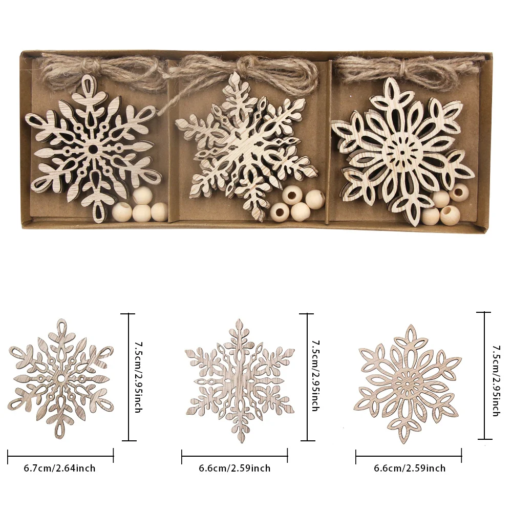 12PCS/Box Wooden Hollowed Snowflake Pendant Vintage Xmas Hanging Ornaments for Noel Tree Decorations DIY Painting Gifts Supply