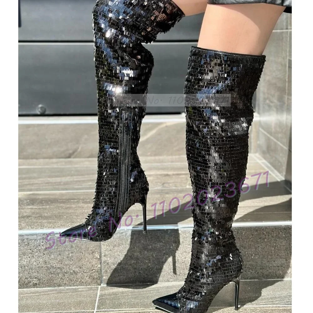 Silver Sequin Thigh High Boots Women Sparkling Metallic Leather Pointy High Heels Shoes Ladies Sexy Stage Performance Long Boots