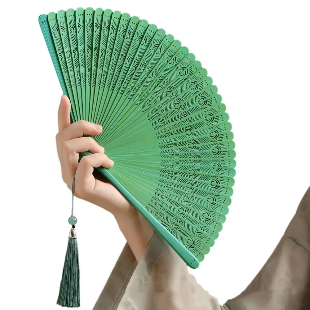 Peacock Feather Design Folding Bamboo Fan Solid Color Portable Tassel Folding Fan Exquisite Classical Kimono Fan