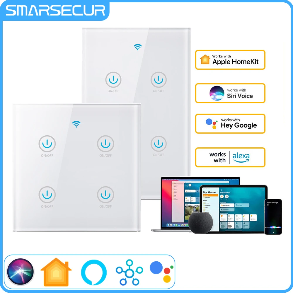 

Homekit No Neutral WiFi EU US Standard Smart Home Light Touch Switches 1/2/3/4 Gang Alexa Siri Voice Control