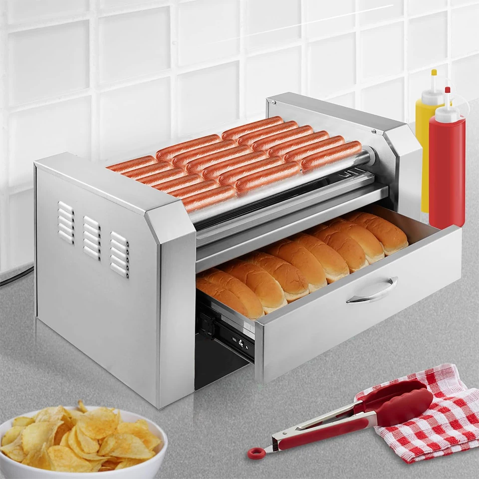 HHD07AS Commercial Hot Dog Roller Grill 7 Rollers Integrated Warming Cabinet Ideal for Sausage, Hot Dogs, and Snack Stations
