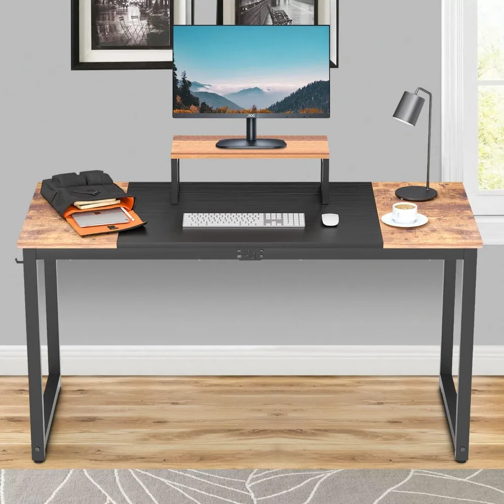 Computer Desk with Monitor Riser Writing Large Table Home Office Hook Modern Student Study Desk with Stable Structure