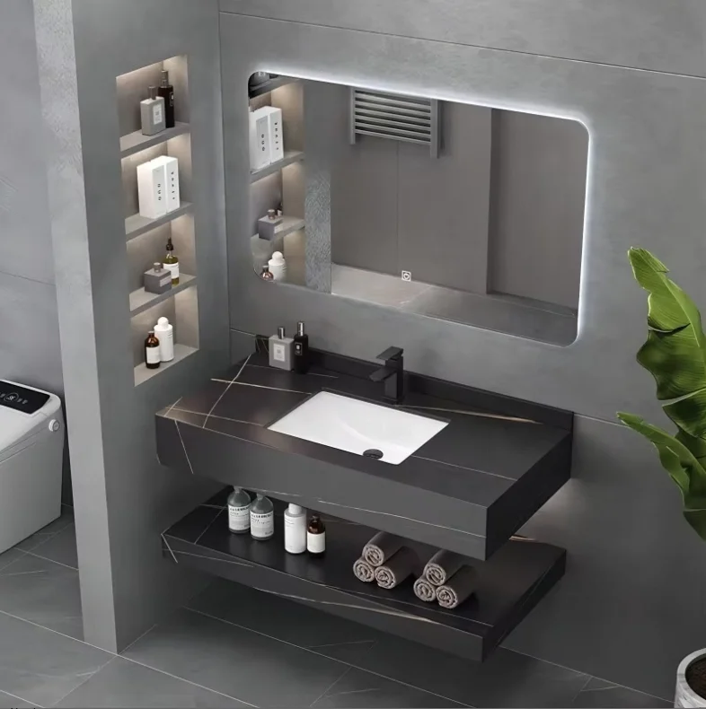 

jl-Rock Slate Bathroom Cabinet with LED Mirror and Ceramic Basin Bathroom Vanity Cabinet&