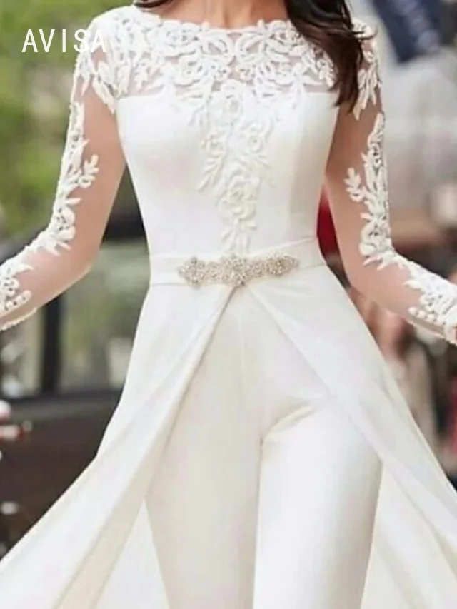 Elegantes Wedding Jumpsuit Bride Wedding Dresses 2024 Vestidos Para Mujer Shealth Long Sleeves Tulle Appliqued Bridal Gown Scoop