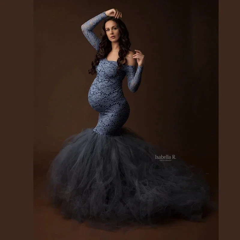 

Sexy Lace Shoulderless Pregnancy Dress Photography Props Maxi Gown splice Mesh Maternity Dresses For Photo Shoot Clothes