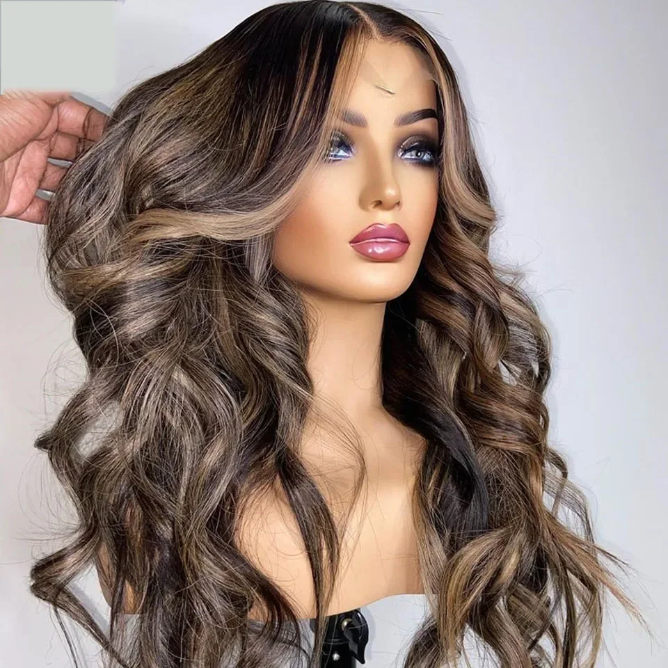 Long 26Inch Highlight Brown Glueless Body Wave 5x5 Silk Base Jewish Human Hair Wig Baby Hair HD Lace European Hair Preplucked