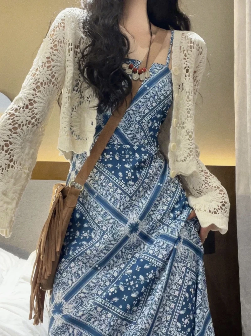 

Bohemian Hooked Floral Hollow out Sun Protection Cover up Summer Vacation Style Strap Dress Outer Short Knitted Cardigan