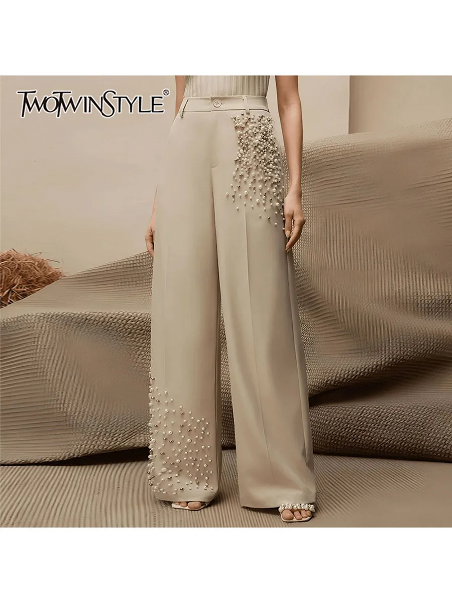 TWOTWINSTYLE Solid Spliced Pearl Loose Casual Pants for Women High Waist Patchwork Button Wide Leg Trousers Female Fashion Style