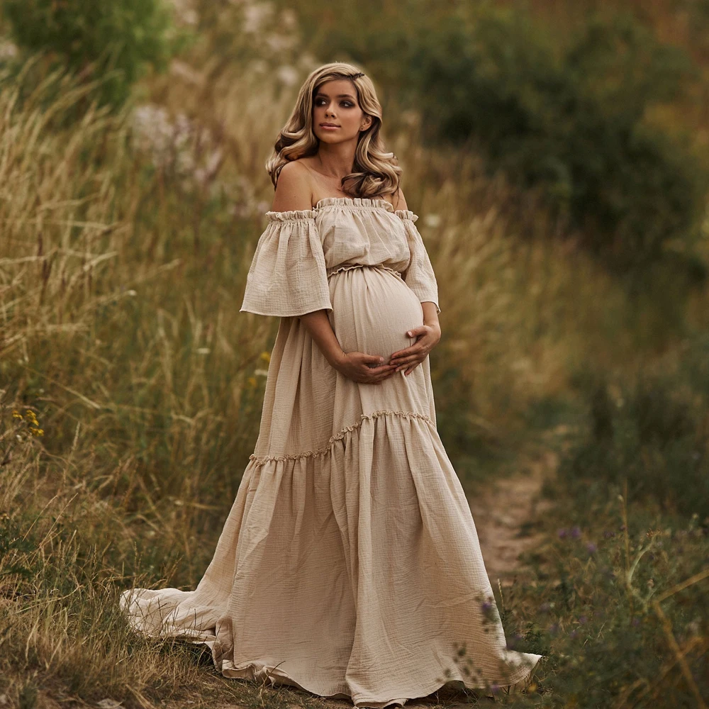 Women Boho Dress Comfortable Linen Cotton Maternity Clothing Vintage Short Sleeve Dress For Pregnancy Photo Shoot