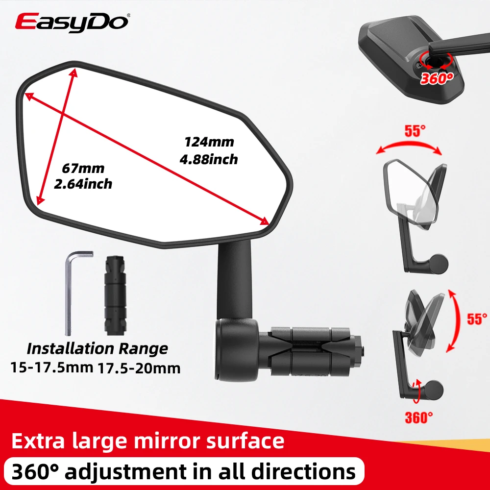 EasyDo Bicycle Rearview Mirror 360 Rotatable Bike Mirror Extended Mirror Arm Flat Handlebar Electric Scooter Bicycle Accessories