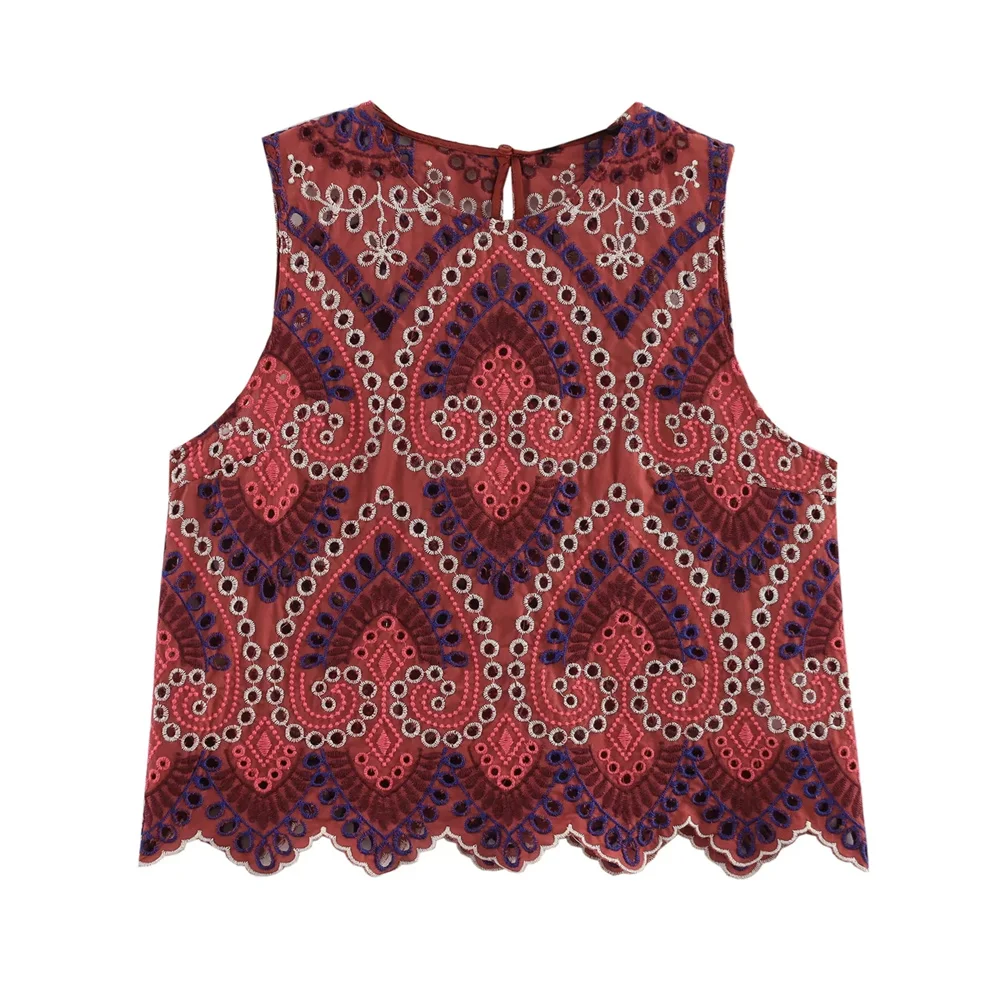 UNIZERA Women's Hollow Embroidery Round Neck Sleeveless Top Midi Skirt Decoration Spring/Summer New Women's Clothing