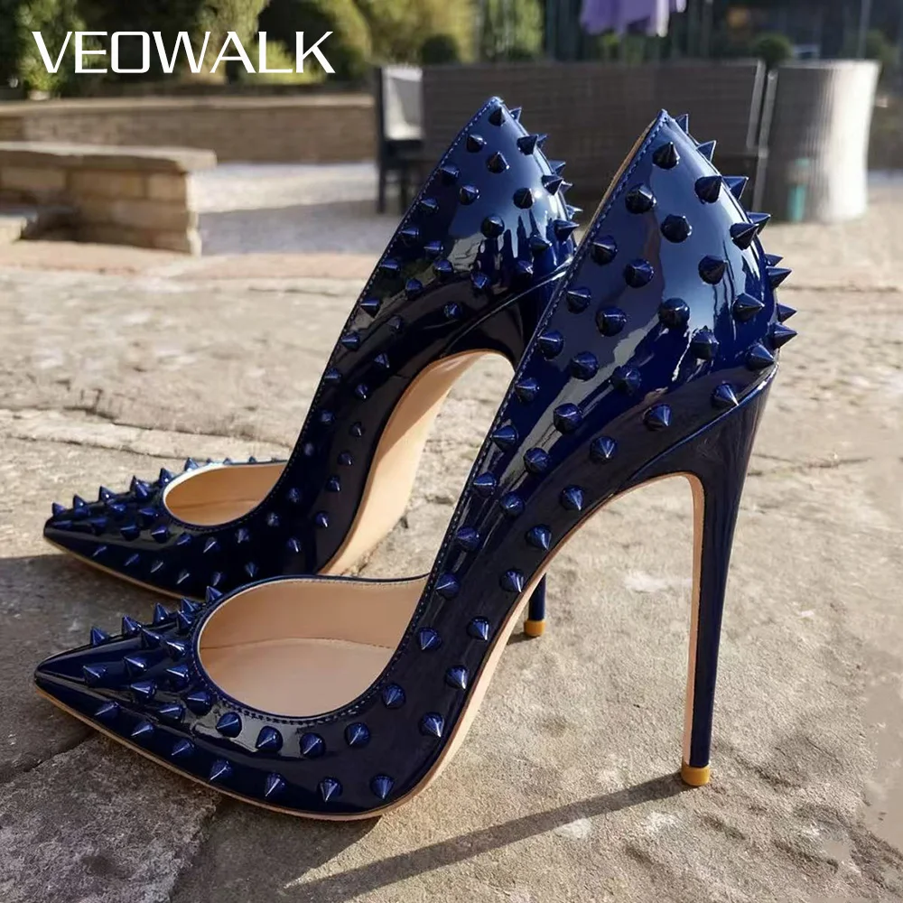 

Veowalk Женские фиолетовые туфли на шпильке из лакированной кожи с заклепками - туфли на высоком каблуке с острым носком в стиле панк для ночного клуба и вечеринки