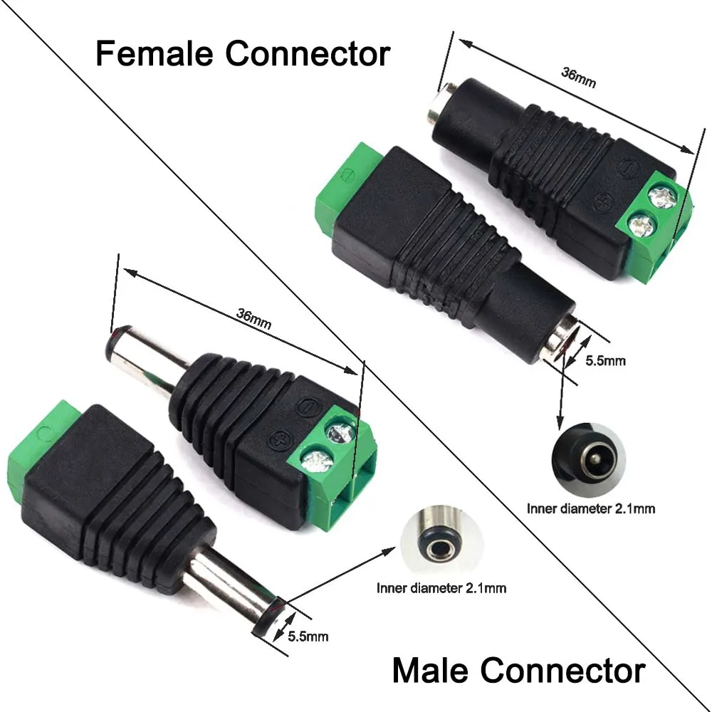 DC 12V Male Female Connector 2.1*5.5mm Power Cable Connectors Power Jacks Adapter Plugs Socket For LED Light CCTV Camera Router