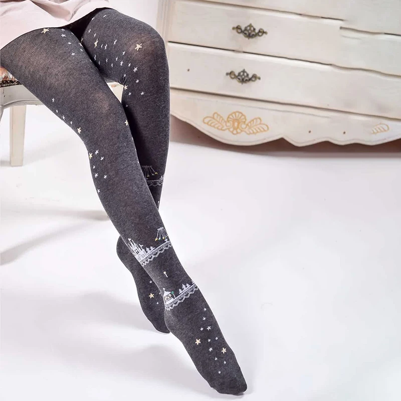 Women Autumn Winter Pantyhose Chic Tattoo Tights Socks Moon Stars Printed Pantyhose JK Lolita Stockings Pants Breathable