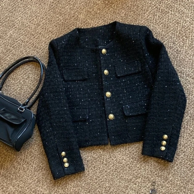 Vintage Button Long Sleeve Short Jacket Spring Autumn All-match Fashion Sequined Loose Tops Elegant High Street Women Clothing
