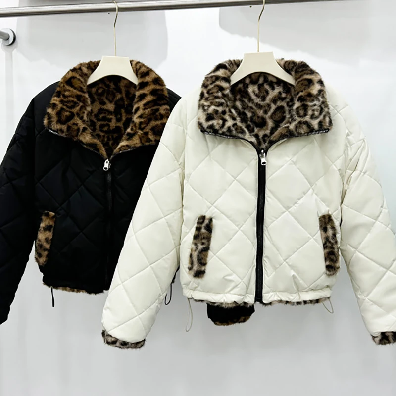

Women ouble Sided Cotton Jacket Detachable Hooded Leopard Plush Coat American Fashion Splicing Winter Warm Thicken Overcoat