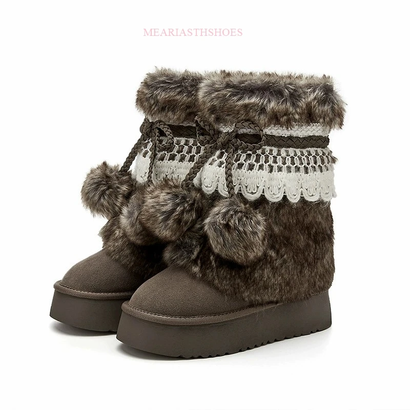 

Winter Thick Sole Tubular Short platform Fur Snow Boots Women Mid-Calf Spliced Boots Korean Style round Toe Rubber Outsole