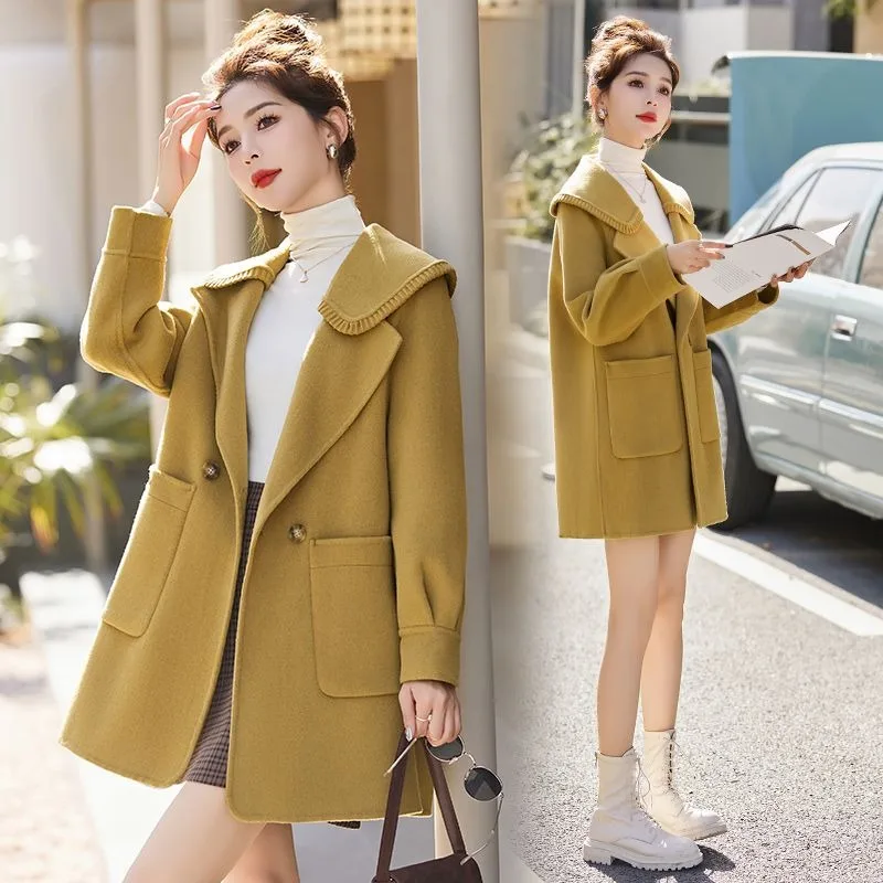 

Plus Size Mid-Length High-End Woolen Coat Korean Style Fashion Doll Collar Women Double-Sided Wool Overcoat Sweet Casual Outwear