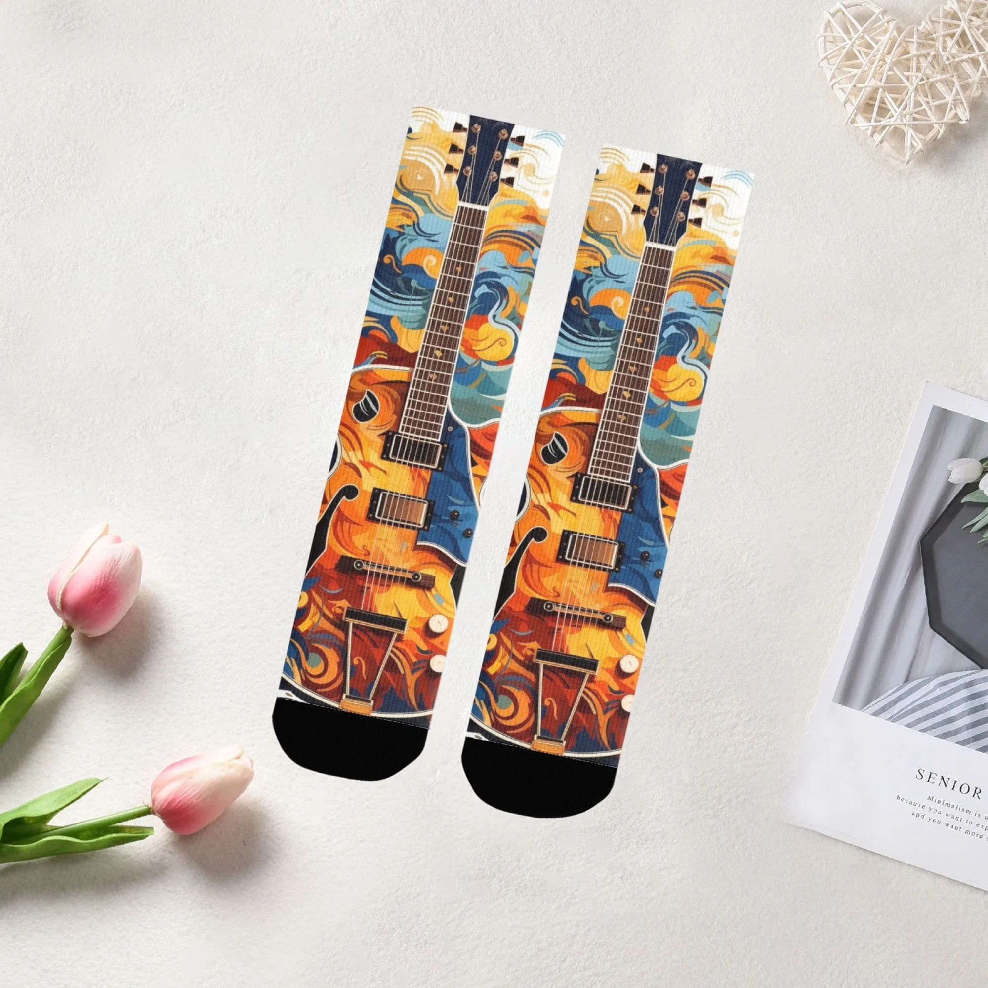 

1 пара мужских носков с графическим рисунком для гитары, мужские носки до середины икры с дизайном гитары, футболка в стиле рок-группы, подарки для гитаристов, художественный узор