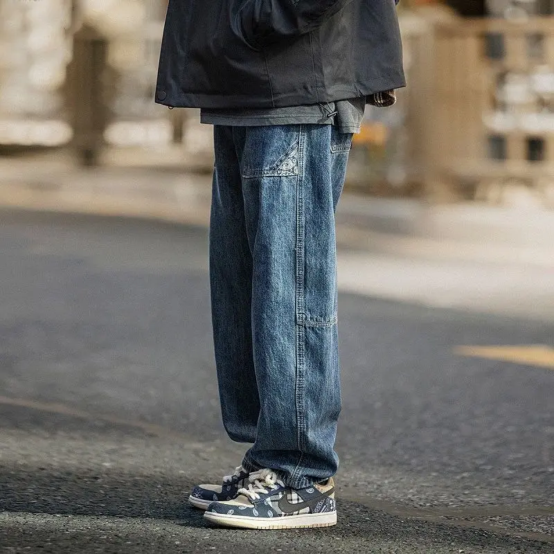 Spring Vintage Jeans Men's Loose Cashew Blossom Stitching Blue Straight Casual Overalls Hip Hop Street Fashion Jeans