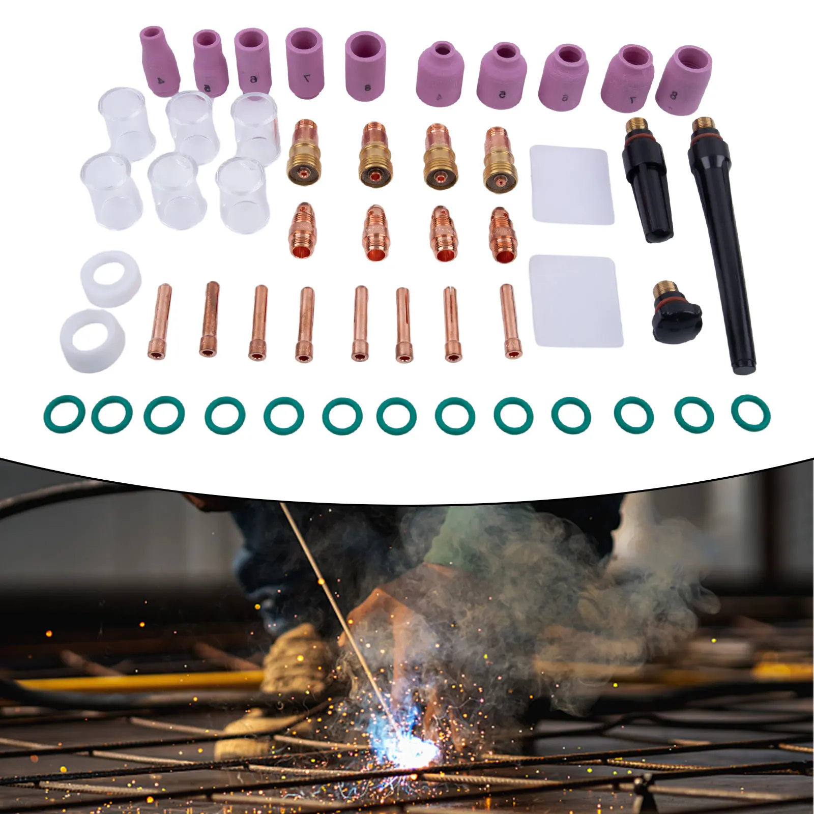 

TIG Welding Torch Kit, 49Pcs Gas Lens Cup Set for WP 17/18/26, Heat Resistant Glass Cups, Alumina Nozzles, Welding Accessories