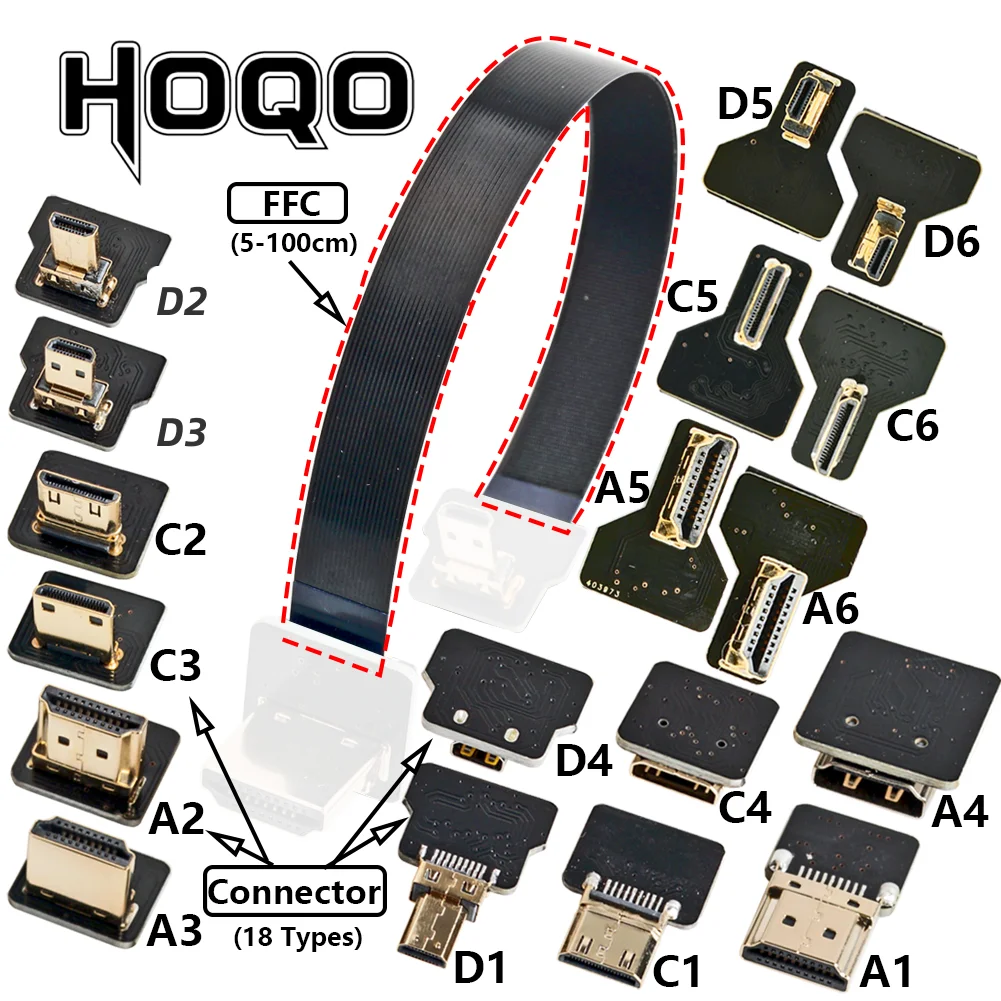 

HDMI-Compatible FFC flexible flat cable for Raspberry Pi 4 Micro H DMI to HD/Mini HDM I Female 90 Degree FFC 20pin Ribbon FPV