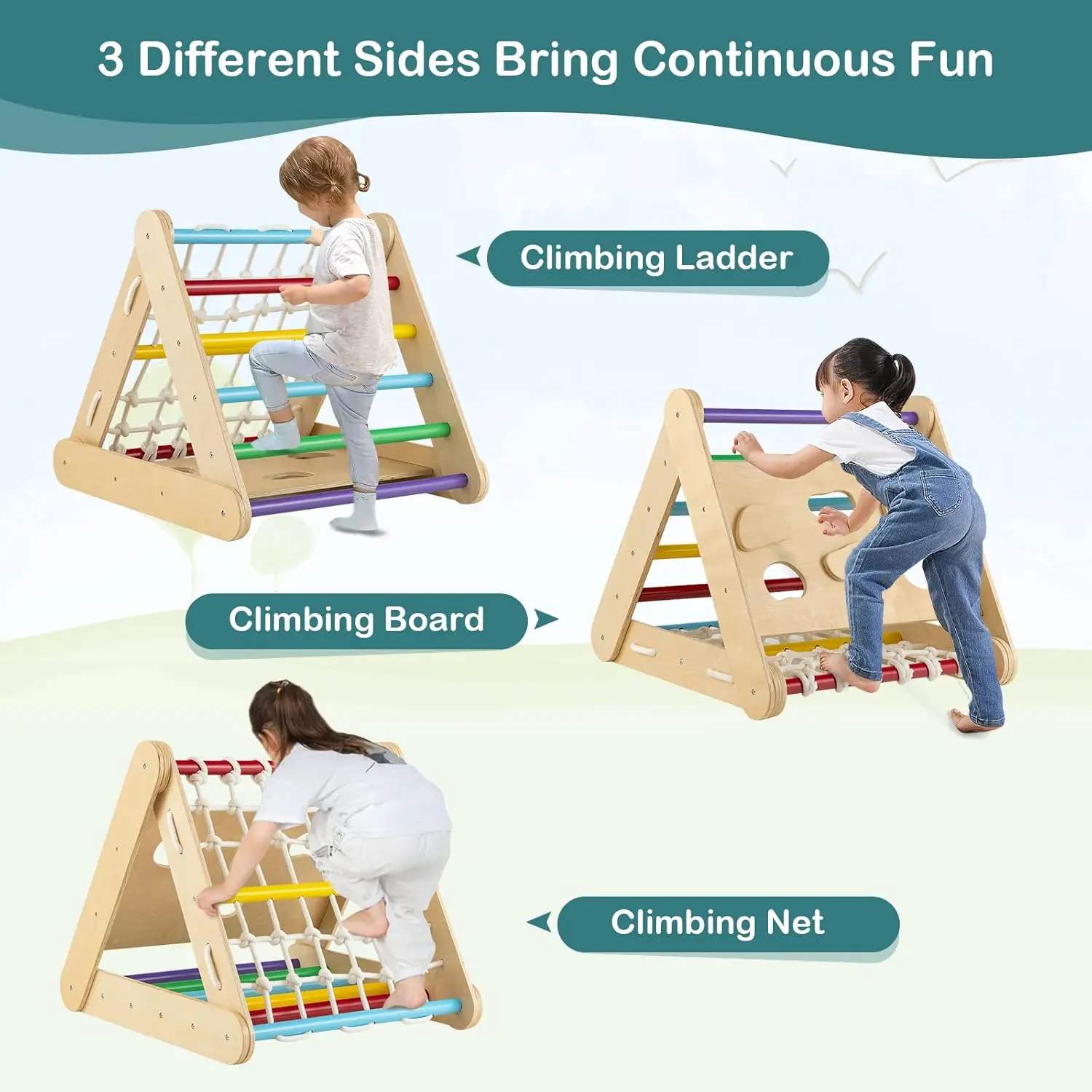 Jouet d'escalade 4 en 1 pour tout-petits, grimpeur triangulaire en bois Montessori sur 3 côtés avec rampe coulissante, filet d'escalade et planche, enfants garçons
