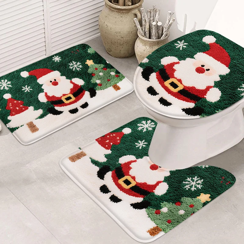 3pcs cartoon snowman flannel bathroom carpet, bathroom door mat, bathtub absorbent pad, toilet mat, U-shaped anti slip foot mat