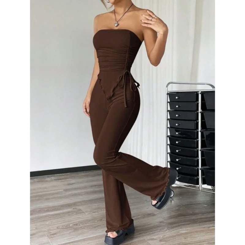Sexy Street Fashion Set 2026 Spring Summer New Style Tube Top Long Pants Two Piece Set Casual Style Polyester Fiber T-Shirt