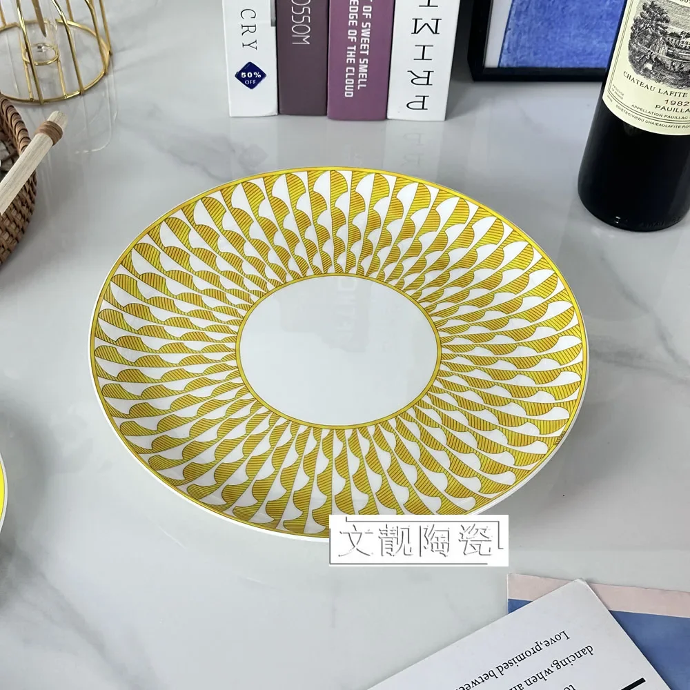 European Ceramic Display Plate Yellow Fashion Style Light Luxury Atmosphere Steak Dinner Plate Bone China Soup Bowl Gift Set