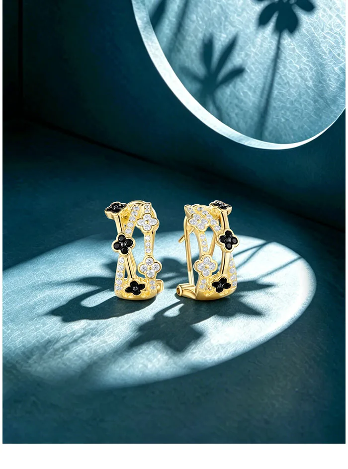 SANTUZZA Ohrclips aus reinem 925er Sterlingsilber für Damen, funkelnde blaue und schwarze Blumen, modischer Hochzeitsschmuck, edle Schmuckgeschenke – Detail 1