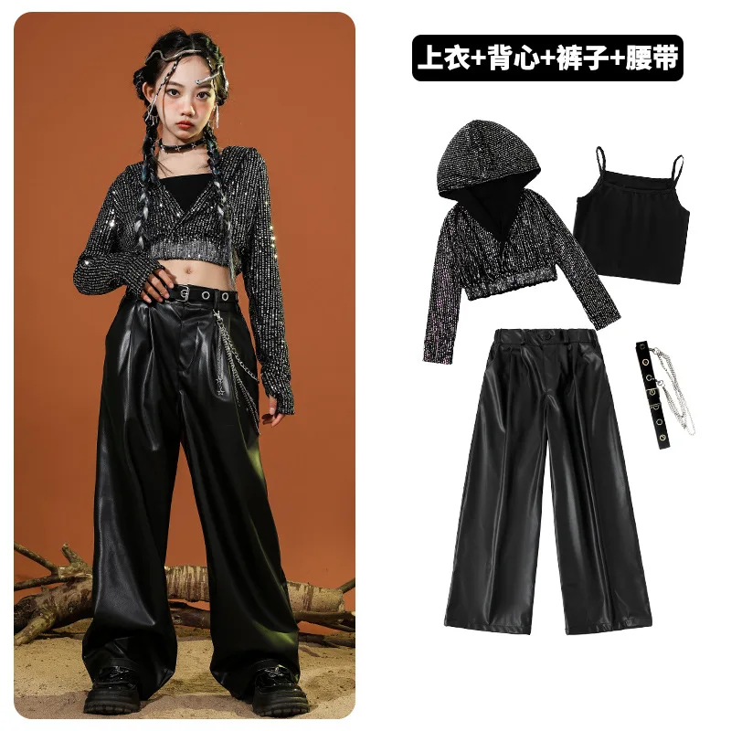 หญิงแจ๊สHip Hop Danceเครื่องแต่งกายเลื่อมHooded Jacketกางเกงหนังเด็กHoodieกางเกงขาสั้นชุดเวทีแฟชั่นแสดงเสื้อผ้า