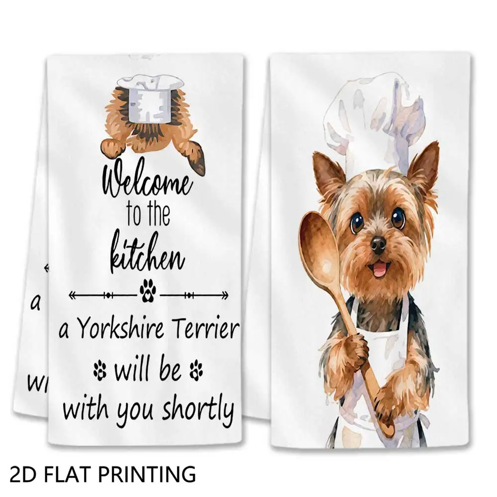 Jit 2pcs Yorkshire Terrier Chef Dog Pattern Dish Towels For Home Kitchen Pet Lovers Decor
