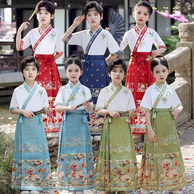 

Summer Short Sleeve 2 Piece Set Girls Suits Casual Children's Clothing Boys Outfit Adult Tops Skirt Sets Kids Hanfu Tang Costume