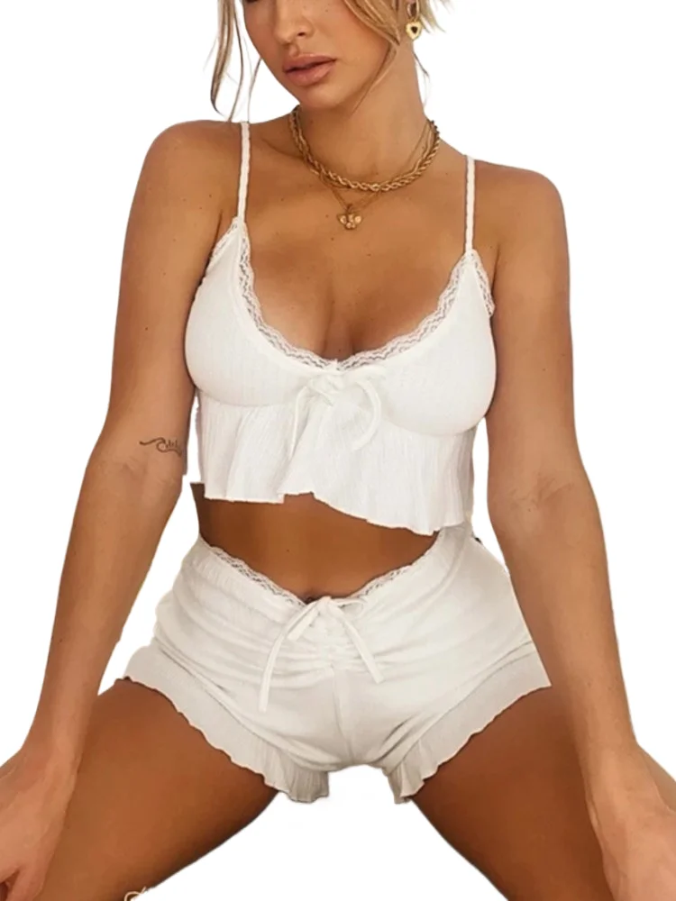 

Women's Sexy Lace Two Pieces Set 2025 Summer Solid Color Casual Camisole Sleeveless Tops Ruffled Drawstring Shorts 2 Piece Sets